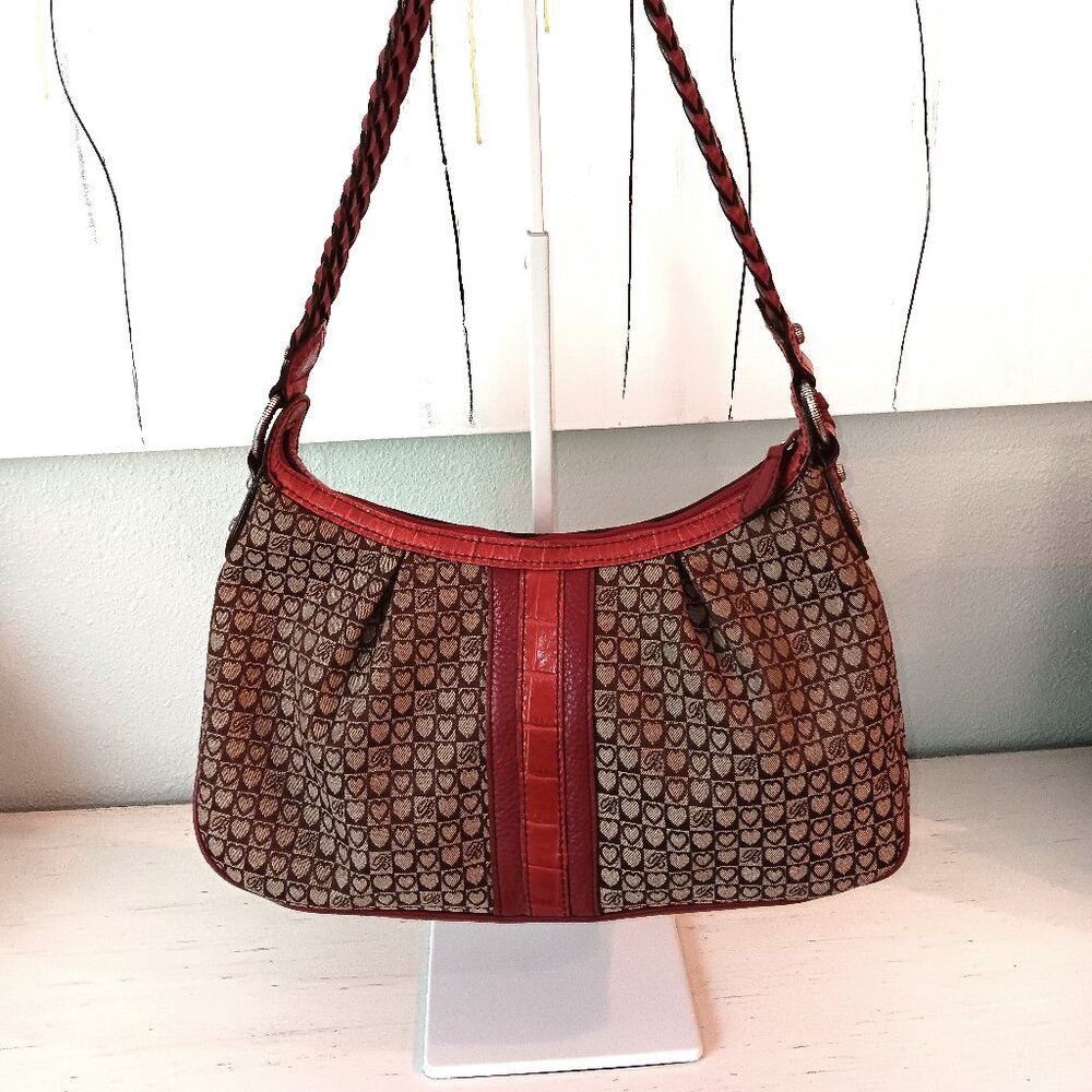 💥 LIKE NEW💥GORGEOUS BRIGHTON RED LEATHER BROWN SIGNATURE CANVAS HOBO BAG